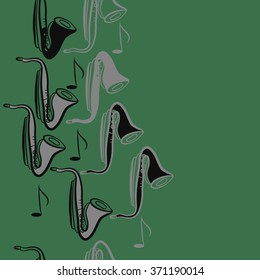 Seamless  vertical  pattern  of saxophones , doodles, objects,notes, copy space . Hand drawn.