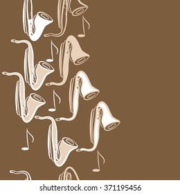 Seamless  vertical  pattern  of saxophones , doodles, objects,notes, copy space . Hand drawn.