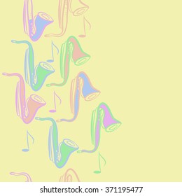 Seamless  vertical  pattern  of saxophones , doodles, objects,notes, copy space . Hand drawn.