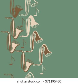Seamless  vertical  pattern  of saxophones , doodles, objects,notes, copy space . Hand drawn.