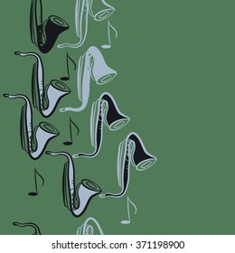 Seamless  vertical  pattern  of saxophones , doodles, objects,notes, copy space . Hand drawn.
