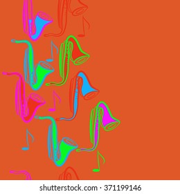 Seamless  vertical  pattern  of saxophones , doodles, objects,notes, copy space . Hand drawn.