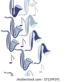 Seamless  vertical  pattern  of saxophones , doodles, objects,notes, copy space . Hand drawn.