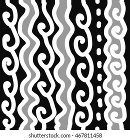 Seamless  vertical   pattern of stripes, doodles,  spirals, spot, hole, abstract  . Hand drawn.