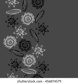 Seamless  vertical    pattern of  stylized floral motif, doodles, leaves, spot, hole,  spirals, object, copy space. Hand drawn.