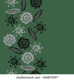Seamless  vertical    pattern of  stylized floral motif, doodles, leaves, spot, hole,  spirals, object, copy space. Hand drawn.