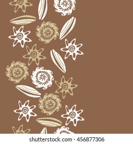 Seamless  vertical    pattern of  stylized floral motif, doodles, leaves, spot, hole,  spirals, object, copy space. Hand drawn.