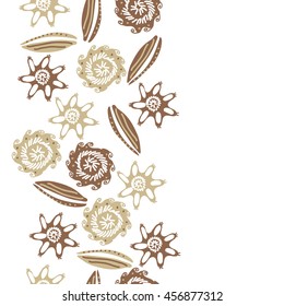 Seamless  vertical    pattern of  stylized floral motif, doodles, leaves, spot, hole,  spirals, object, copy space. Hand drawn.