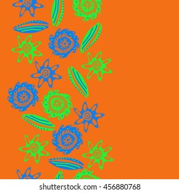 Seamless  vertical    pattern of  stylized floral motif, doodles, leaves, spot, hole,  spirals, object, copy space. Hand drawn.
