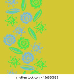 Seamless  vertical    pattern of  stylized floral motif, doodles, leaves, spot, hole,  spirals, object, copy space. Hand drawn.