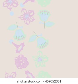 Seamless  vertical   pattern of  stylized floral motif, doodles,  spot, hole, flowers,stars,spirals, ellipses, branches, copy space . Hand drawn.