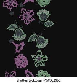 Seamless  vertical   pattern of  stylized floral motif, doodles,  spot, hole, flowers,stars,spirals, ellipses, branches, copy space . Hand drawn.