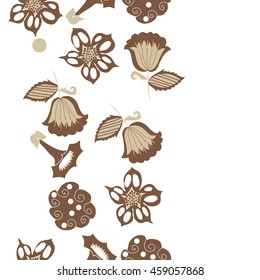 Seamless  vertical   pattern of  stylized floral motif, doodles,  spot, hole, flowers,stars,spirals, ellipses, branches, copy space . Hand drawn.