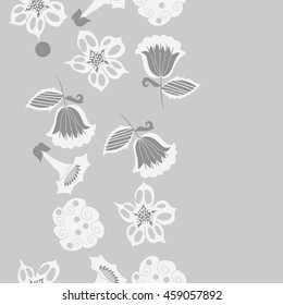 Seamless  vertical   pattern of  stylized floral motif, doodles,  spot, hole, flowers,stars,spirals, ellipses, branches, copy space . Hand drawn.