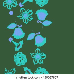 Seamless  vertical   pattern of  stylized floral motif, doodles,  spot, hole, flowers,stars,spirals, ellipses, branches, copy space . Hand drawn.