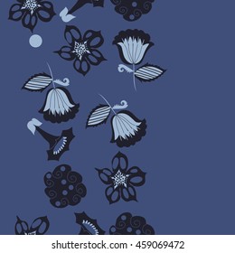 Seamless  vertical   pattern of  stylized floral motif, doodles,  spot, hole, flowers,stars,spirals, ellipses, branches, copy space . Hand drawn.