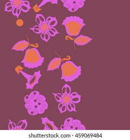 Seamless  vertical   pattern of  stylized floral motif, doodles,  spot, hole, flowers,stars,spirals, ellipses, branches, copy space . Hand drawn.