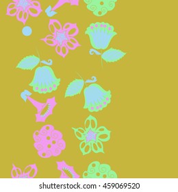 Seamless  vertical   pattern of  stylized floral motif, doodles,  spot, hole, flowers,stars,spirals, ellipses, branches, copy space . Hand drawn.
