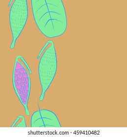 Seamless vertical   pattern of  stylized floral motif, doodles,  spot, stripes, leaves, fruits, copy space . Hand drawn.