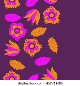 Seamless  vertical  pattern of  stylized floral motif, doodles,  flowers, spot,hole, leaves, ellipses, copy space . Hand drawn.