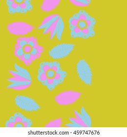 Seamless  vertical  pattern of  stylized floral motif, doodles,  flowers, spot,hole, leaves, ellipses, copy space . Hand drawn.