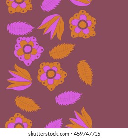 Seamless  vertical  pattern of  stylized floral motif, doodles,  flowers, spot,hole, leaves, ellipses, copy space . Hand drawn.