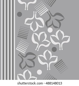Seamless vertical pattern with stylized gothic lily, halftone, stripes.