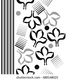 Seamless vertical pattern with stylized gothic lily, halftone, stripes.