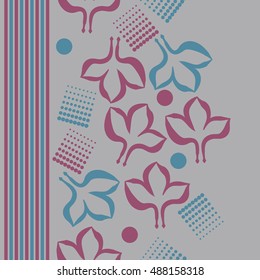 Seamless vertical pattern with stylized gothic lily, halftone, stripes.