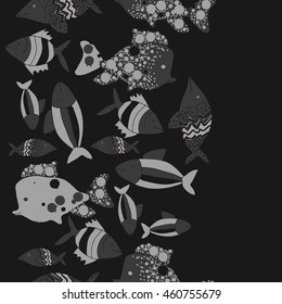 Seamless  vertical pattern of  stylized  motif, doodles,  spot,fishes,ellipses, zigzag, copy space . Hand drawn.