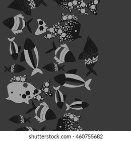 Seamless  vertical pattern of  stylized  motif, doodles,  spot,fishes,ellipses, zigzag, copy space . Hand drawn.