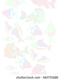 Seamless  vertical pattern of  stylized  motif, doodles,  spot,fishes,ellipses, zigzag, copy space . Hand drawn.