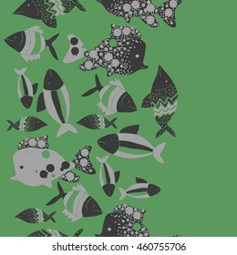 Seamless  vertical pattern of  stylized  motif, doodles,  spot,fishes,ellipses, zigzag, copy space . Hand drawn.
