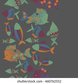 Seamless  vertical pattern of  stylized  motif, doodles,  spot,fishes,ellipses, zigzag, copy space . Hand drawn.