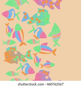 Seamless  vertical pattern of  stylized  motif, doodles,  spot,fishes,ellipses, zigzag, copy space . Hand drawn.