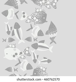 Seamless  vertical pattern of  stylized  motif, doodles,  spot,fishes,ellipses, zigzag, copy space . Hand drawn.