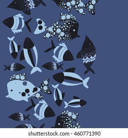 Seamless  vertical pattern of  stylized  motif, doodles,  spot,fishes,ellipses, zigzag, copy space . Hand drawn.
