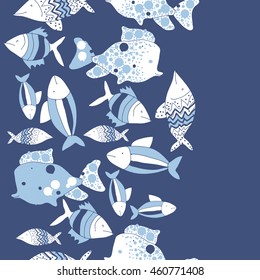 Seamless  vertical pattern of  stylized  motif, doodles,  spot,fishes,ellipses, zigzag, copy space . Hand drawn.