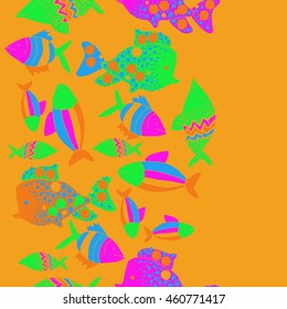 Seamless  vertical pattern of  stylized  motif, doodles,  spot,fishes,ellipses, zigzag, copy space . Hand drawn.