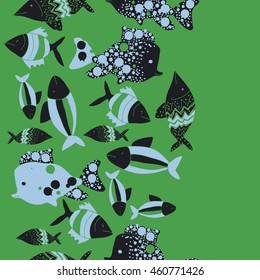 Seamless  vertical pattern of  stylized  motif, doodles,  spot,fishes,ellipses, zigzag, copy space . Hand drawn.