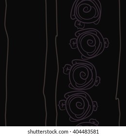 Seamless vertical pattern of stylized rosy,leaves, stripes, floral, spirals, copy space. Hand drawn.