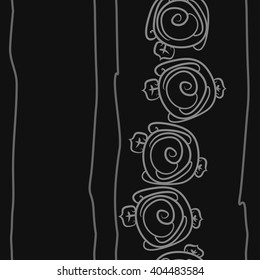 Seamless vertical pattern of stylized rosy,leaves, stripes, floral, spirals, copy space. Hand drawn.