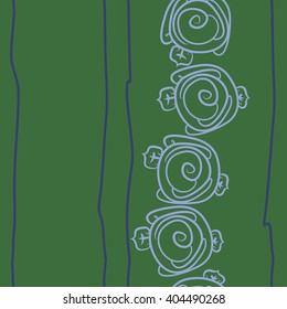 Seamless vertical pattern of stylized rosy,leaves, stripes, floral, spirals, copy space. Hand drawn.