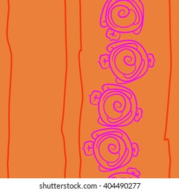 Seamless vertical pattern of stylized rosy,leaves, stripes, floral, spirals, copy space. Hand drawn.