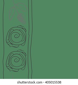 Seamless vertical pattern of stylized rosy,leaves, stripes, floral, spirals, branches, buds, copy space. Hand drawn.