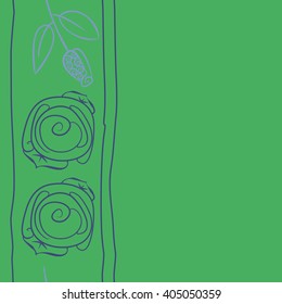 Seamless vertical pattern of stylized rosy,leaves, stripes, floral, spirals, branches, buds, copy space. Hand drawn.