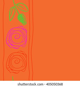Seamless vertical pattern of stylized rosy,leaves, stripes, floral, spirals, branches, buds, copy space. Hand drawn.