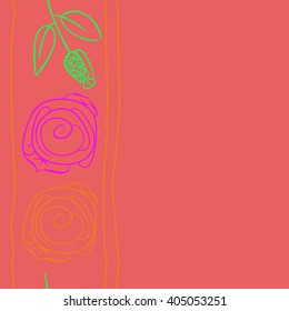 Seamless vertical pattern of stylized rosy,leaves, stripes, floral, spirals, branches, buds, copy space. Hand drawn.