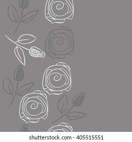 Seamless vertical pattern of stylized rosy,leaves,  floral, spirals, branches, buds, copy space. Hand drawn.