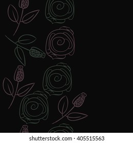 Seamless vertical pattern of stylized rosy,leaves,  floral, spirals, branches, buds, copy space. Hand drawn.